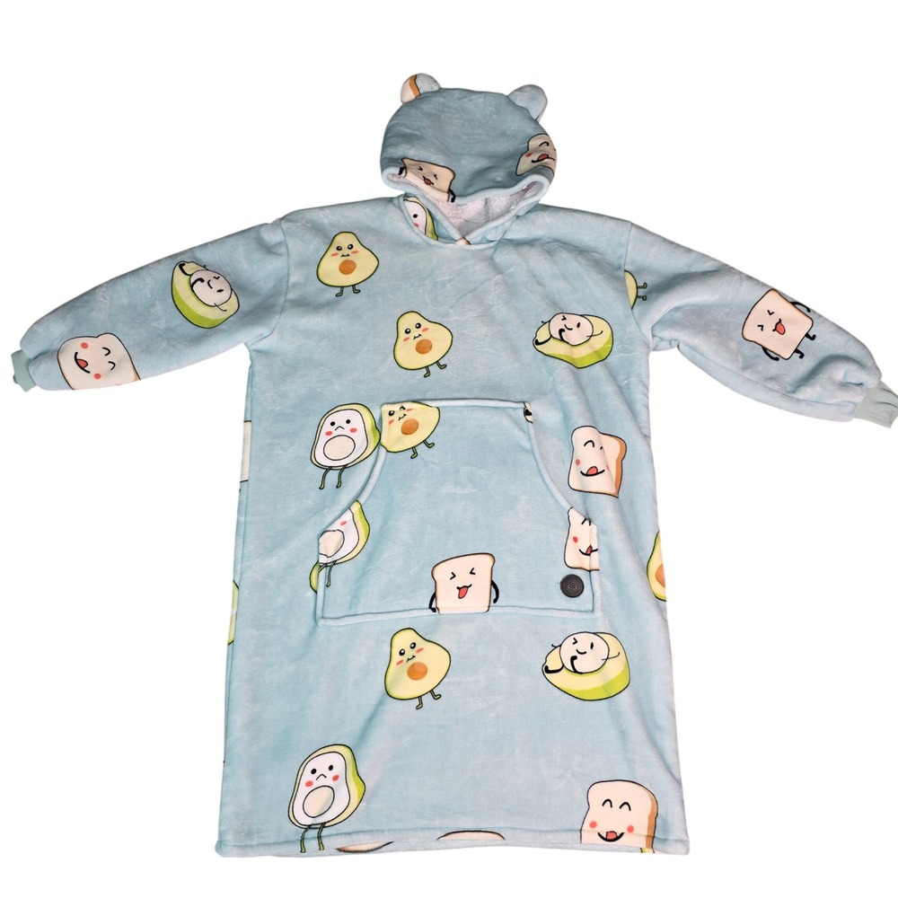Three Poodle Avocado Toast Wearable Blanket Hoodie Blue Sherpa Lined Oversized